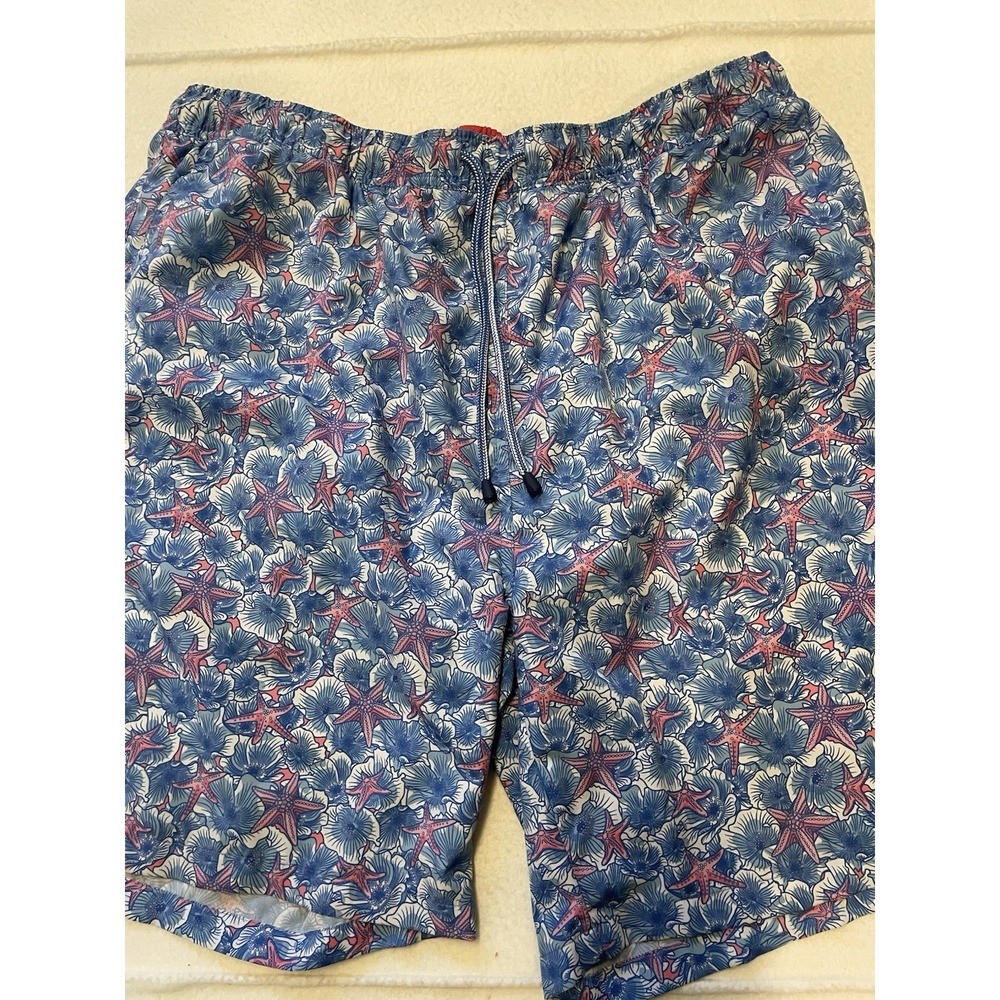 Peter Millar Seaside Lined Swim Trunks Mens Size XL AOP Starfish Blue Pockets